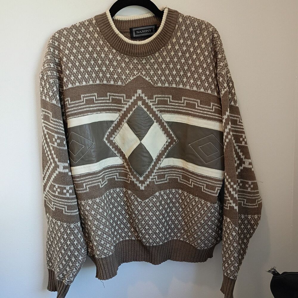 Vintage 90s Saxony Collection Leather Knit Cosby Sweater Hip Hop Coogi Style L